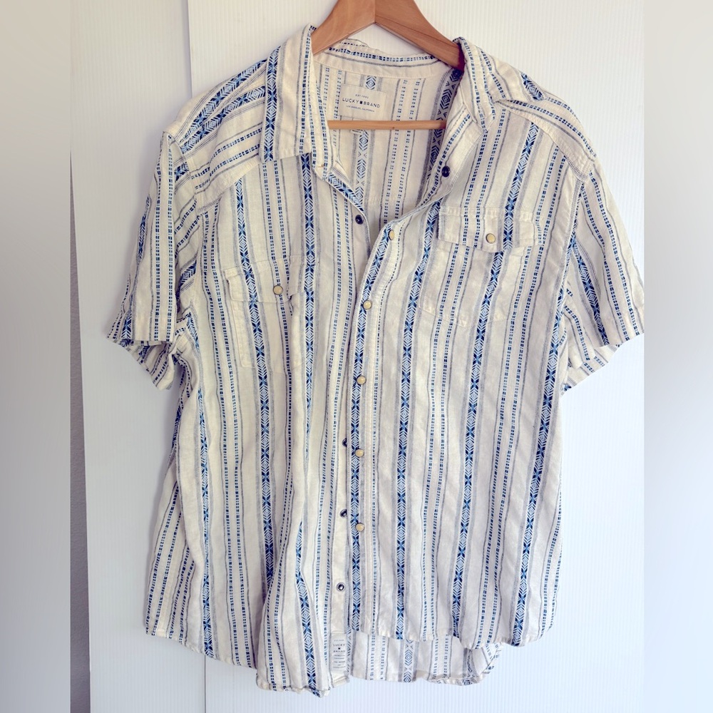 Lucky Brand Cream and Blue Striped Short Sleeve Button-Down Shirt